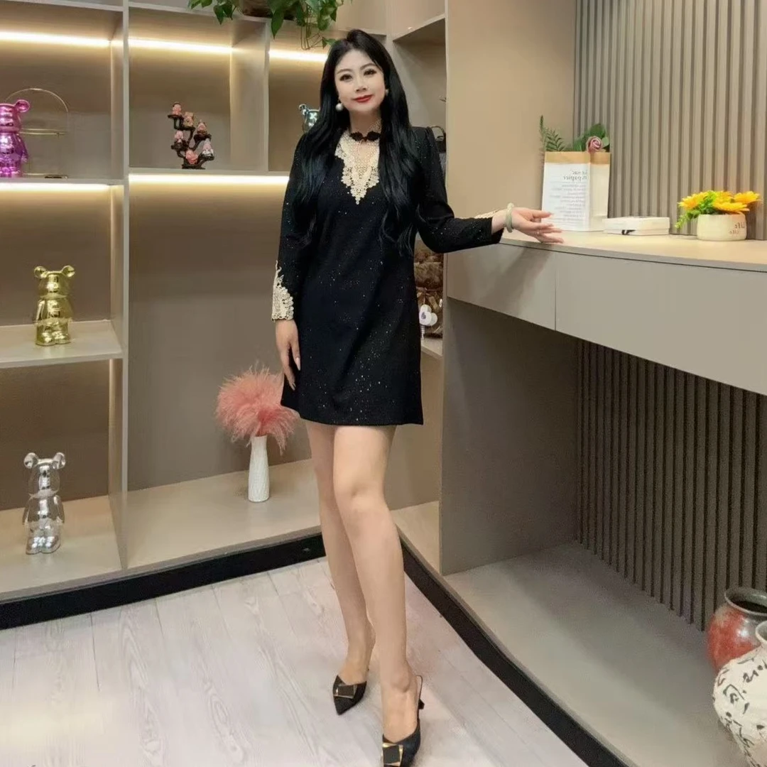 秋季连衣裙-檬 9178时尚潮流亮闪印花领显瘦款胖MM大码女装新款