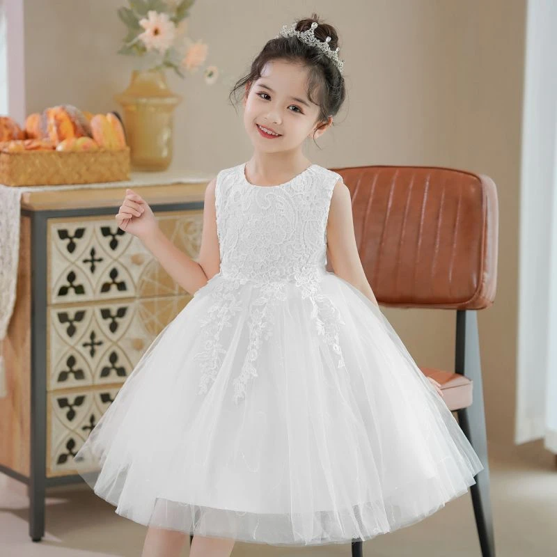 女童白色公主裙礼服儿童夏季新款花童蓬蓬纱裙小女孩钢琴演出裙子