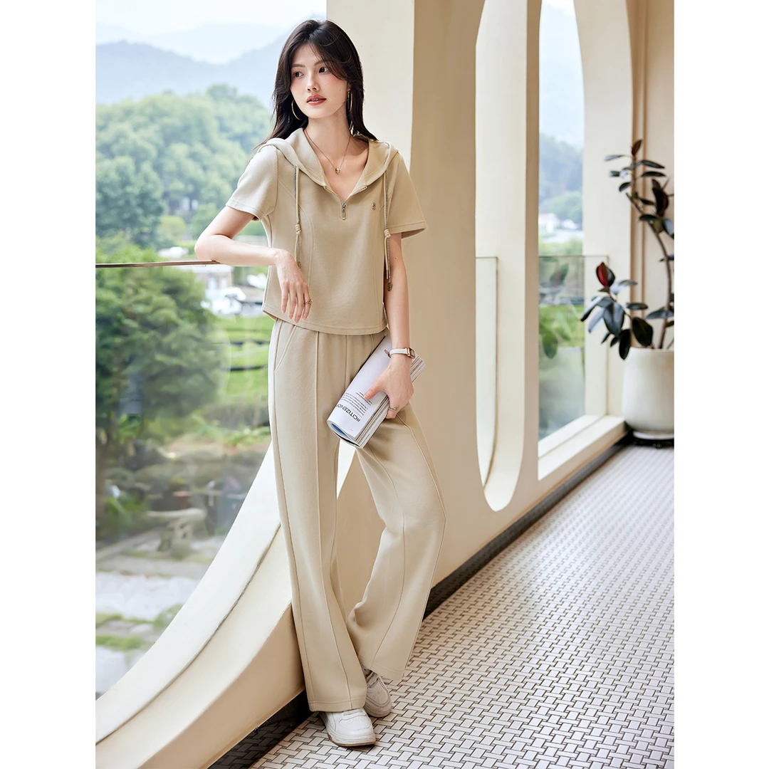 XWI/欣未2025夏款时尚连帽卫衣裤子套装休闲风简约气质套装G4A056