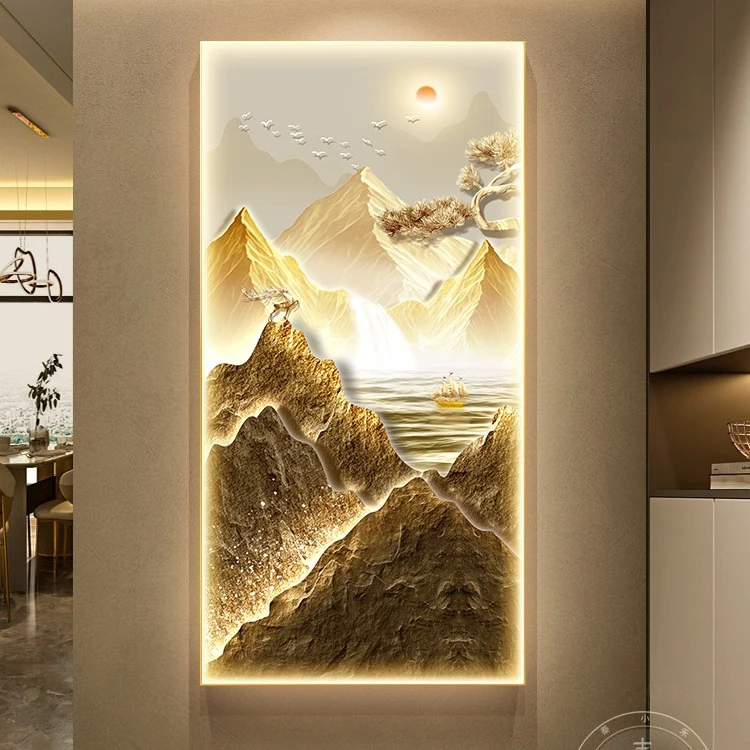 玄关装饰画2024年新款高端山水画轻奢金山壁画走廊过道挂画灯光画