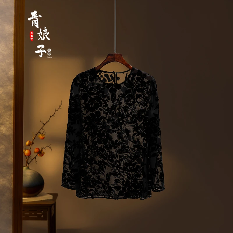 青娘子丝绒（羽昕）新中式国风复古百搭圆领时尚气质长袖上衣-60147