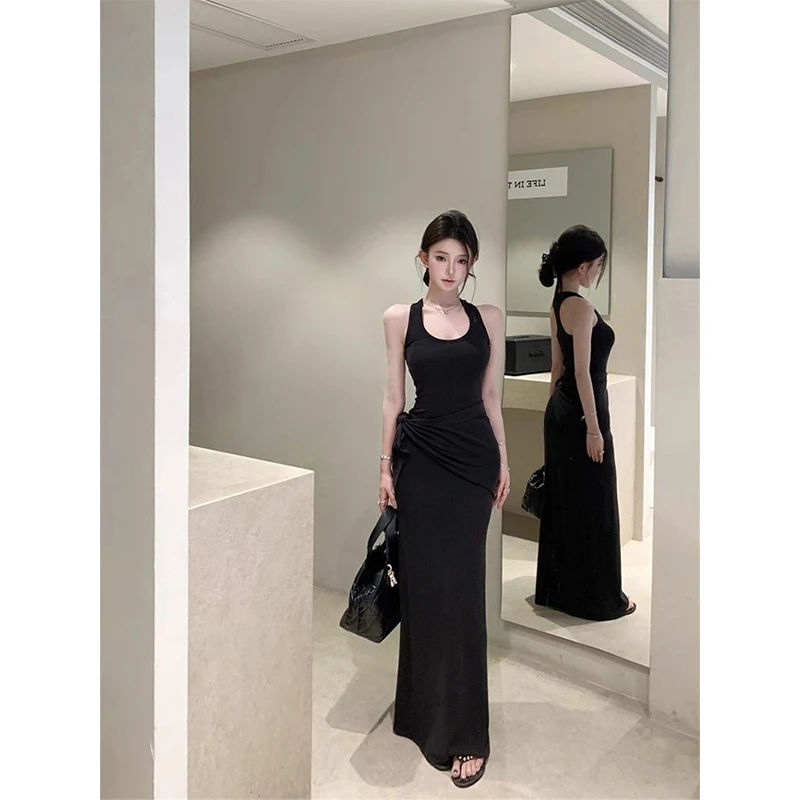 黑色u领无袖工字背心连衣裙女夏季辣妹收腰修身裙子气质包臀长裙