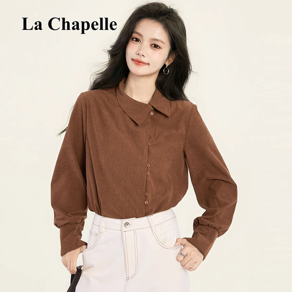 拉夏贝尔法式复古灯芯绒不规则长袖衬衫女2025秋季时尚设计感上衣