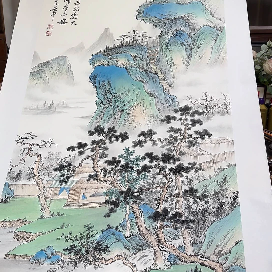 国画伊人阳亮青绿山水