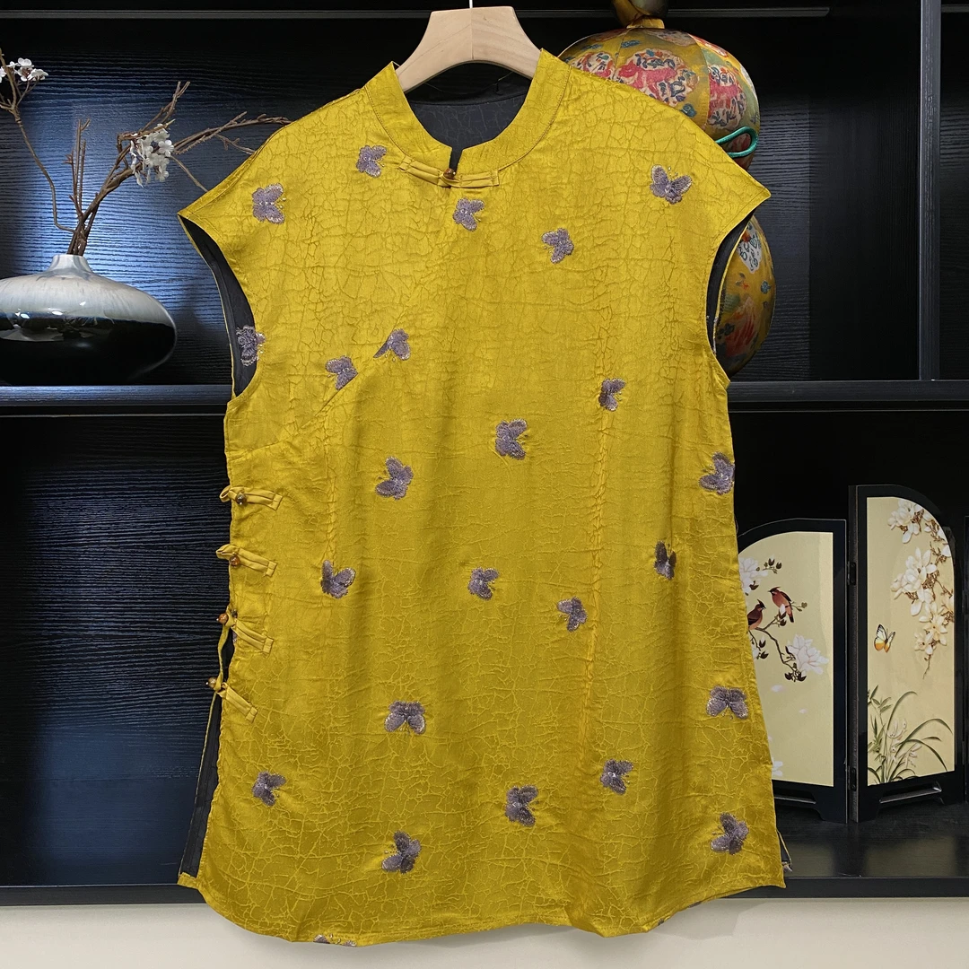 中式薄款金龟蝴蝶刺绣短袖小衫3197