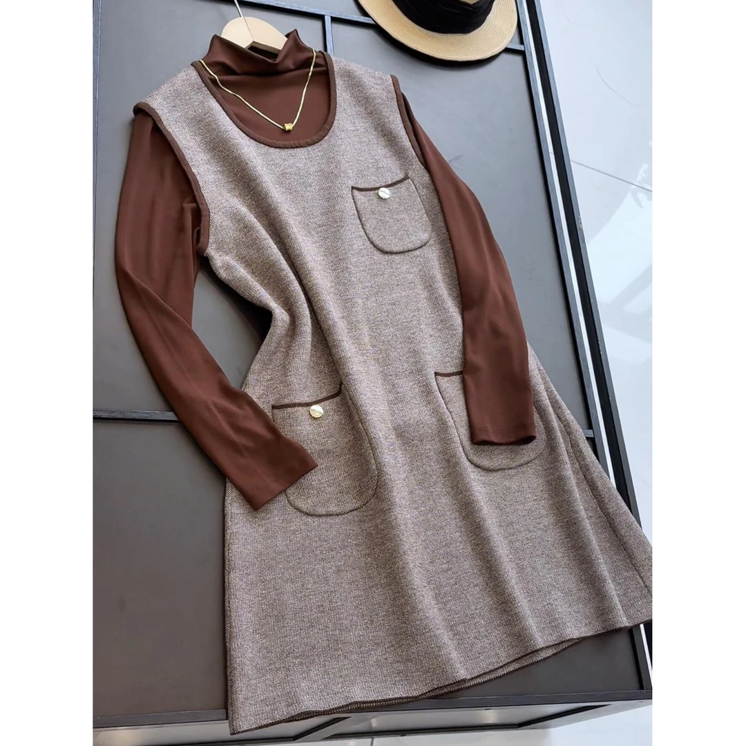 秋冬半高领打底针织连衣裙美拉德两件套针织女裙连衣裙套装