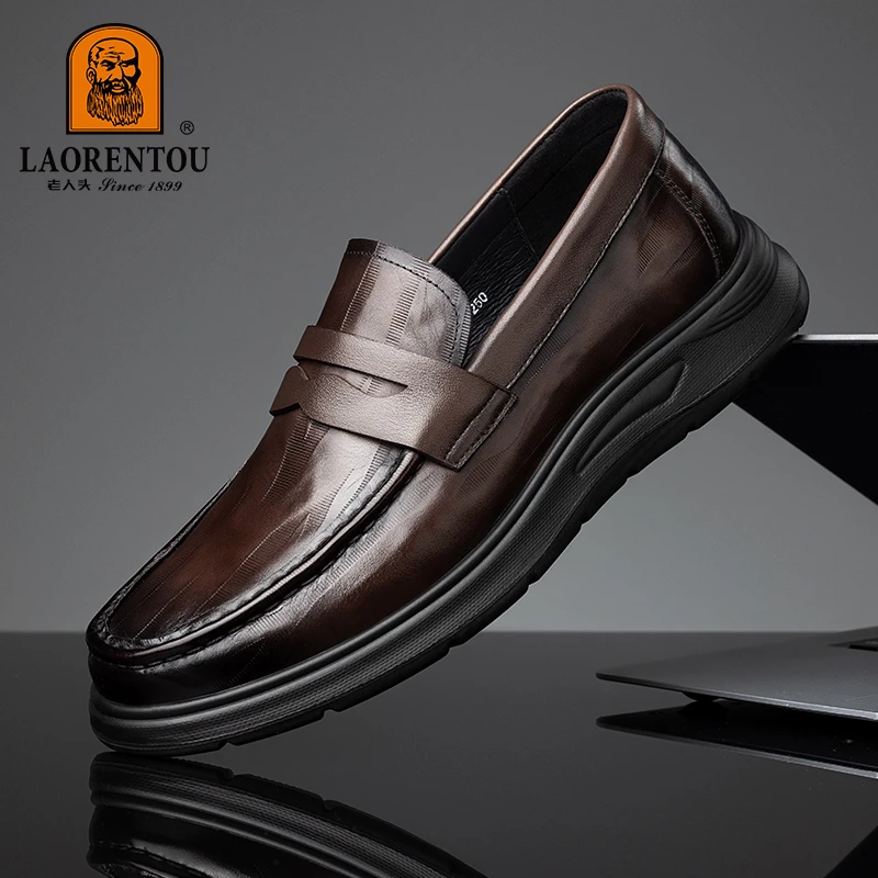 老人头秋季透气休闲男士正装防滑一脚蹬休闲皮鞋