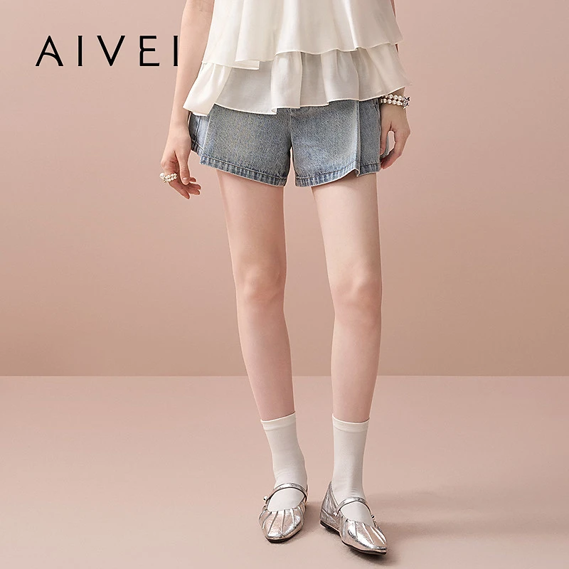 AIVEI欣贺艾薇2025夏季新小个子做旧A字压褶阔腿牛仔短裤XRV3Y02A