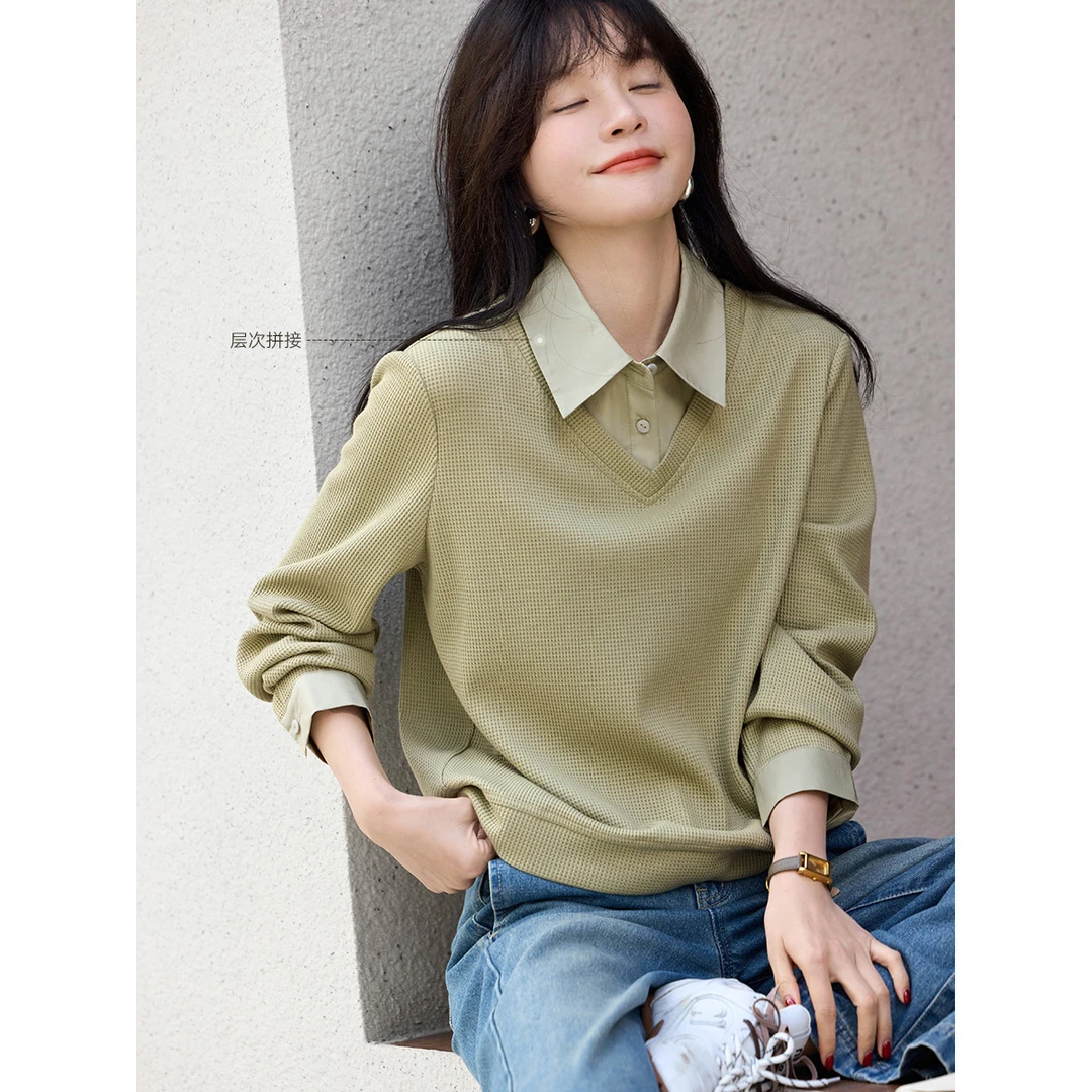 沫晗依美拼接假两件短款卫衣2025秋季新款浅绿色小众卫衣女装1100