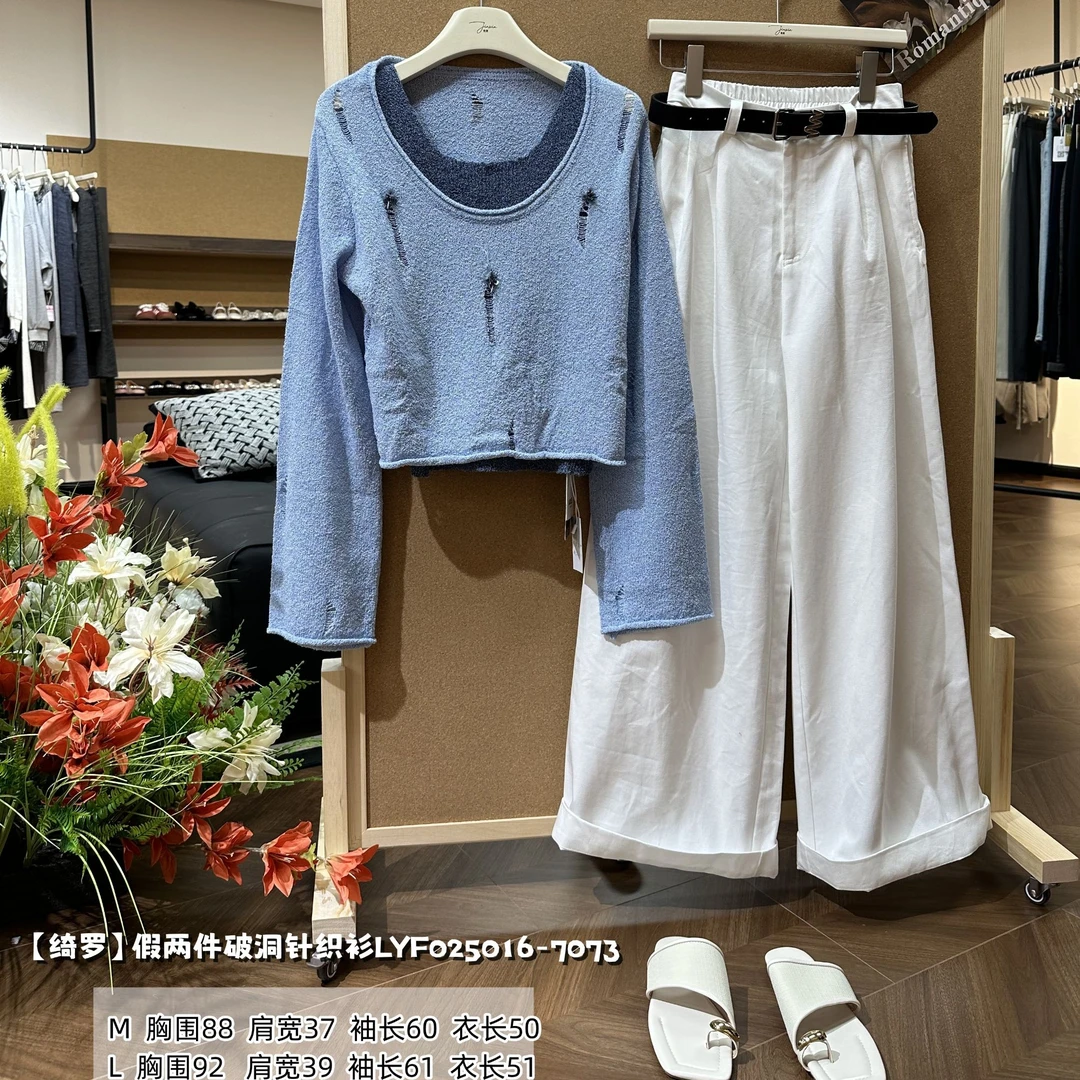 【绮罗】春季新款爆款刺绣印花蓝色圆领气质针织衫LYF025016-7073