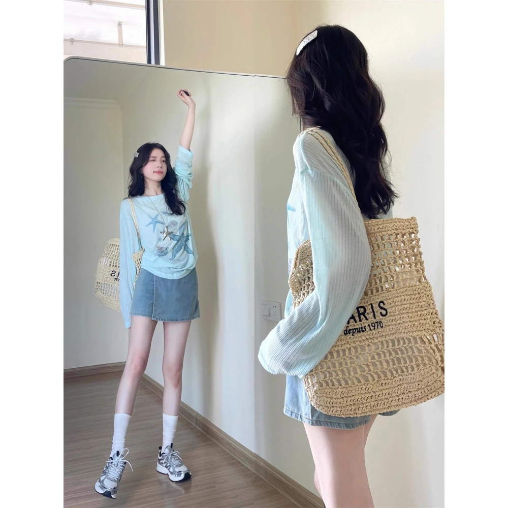 韩系慵懒风印花薄款长袖防晒T恤女2025新款宽松罩衫早秋外搭上衣