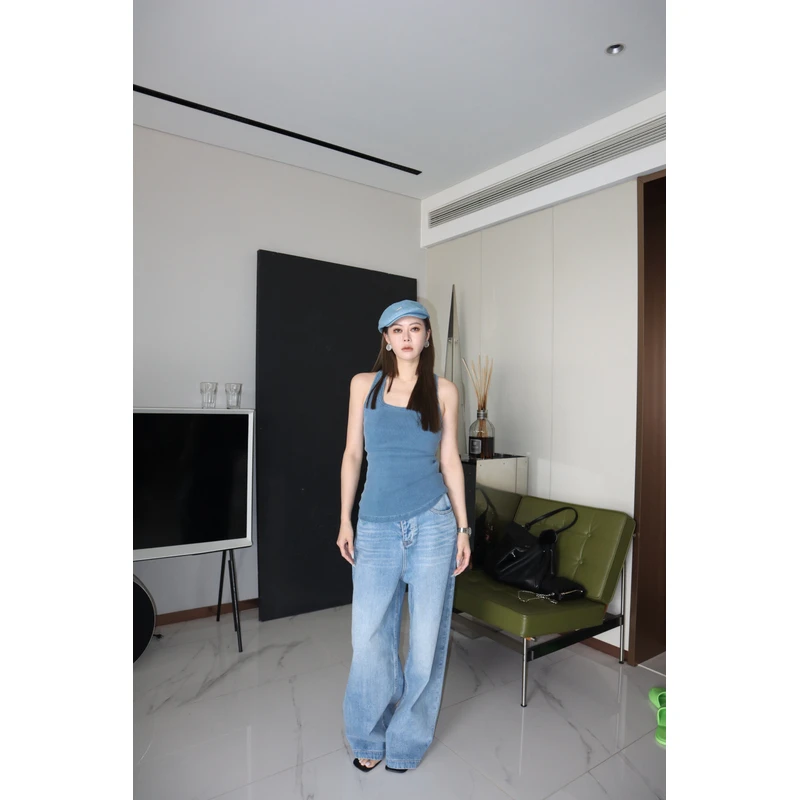 KIOKWANG//做旧复古水洗 松紧腰宽松直筒阔腿百搭牛仔裤男女