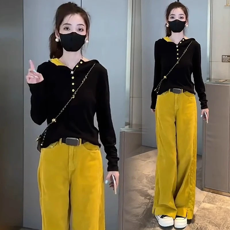 La babite时尚套装女新款洋气连帽卫衣灯芯绒阔腿裤减龄两件套