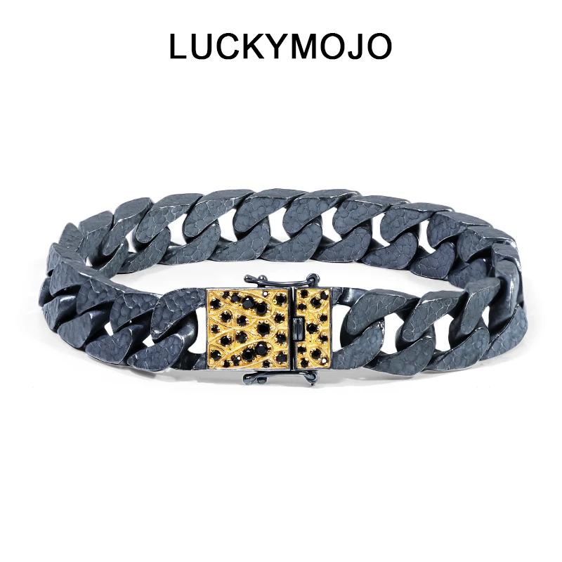 LUCKYMOJO 925银手链 复古做旧黑蛇鳞锤纹古巴男士银手链小众个性