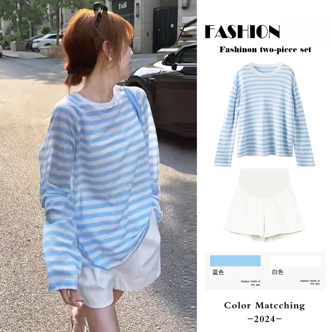 孕妇上衣夏季新款时尚韩版宽松薄款蓝色长袖T恤防晒衫休闲短裤子