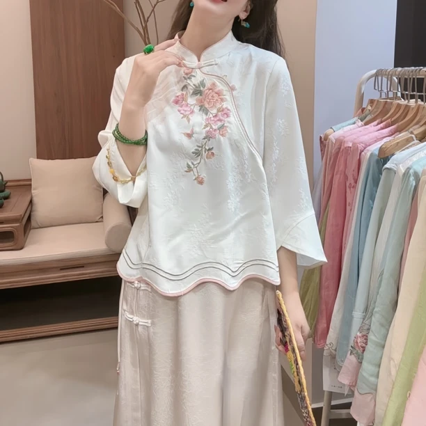 『蝶家』新中式重工提花刺绣立领珠扣复古上衣9855气质中国风