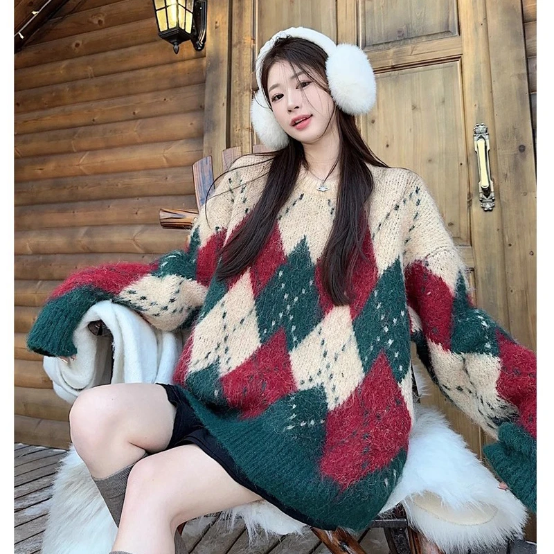 新款潮流洋气套头毛衣秋冬潮牌美拉德美式复古宽松圆领针织衫上衣