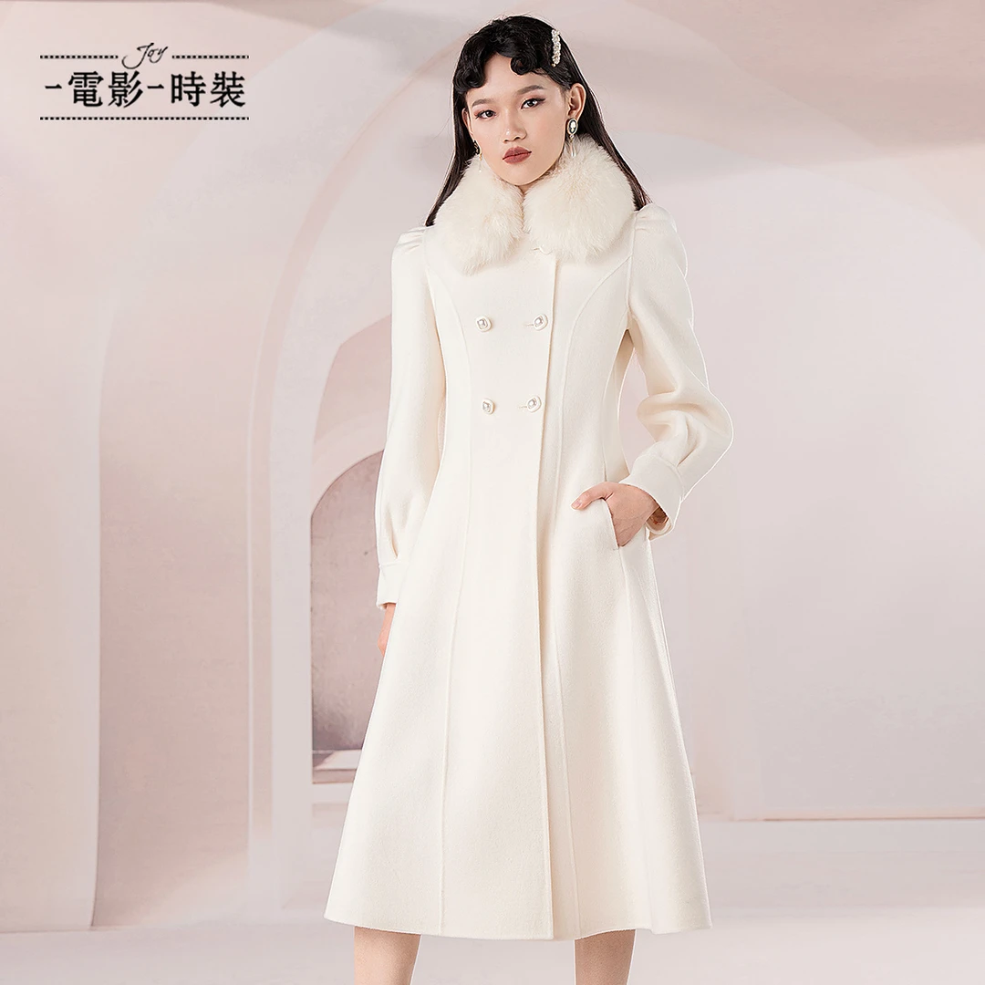 【媛媛女王专享】一电影一时装毛领100%绵羊毛大衣外套 FECG142605