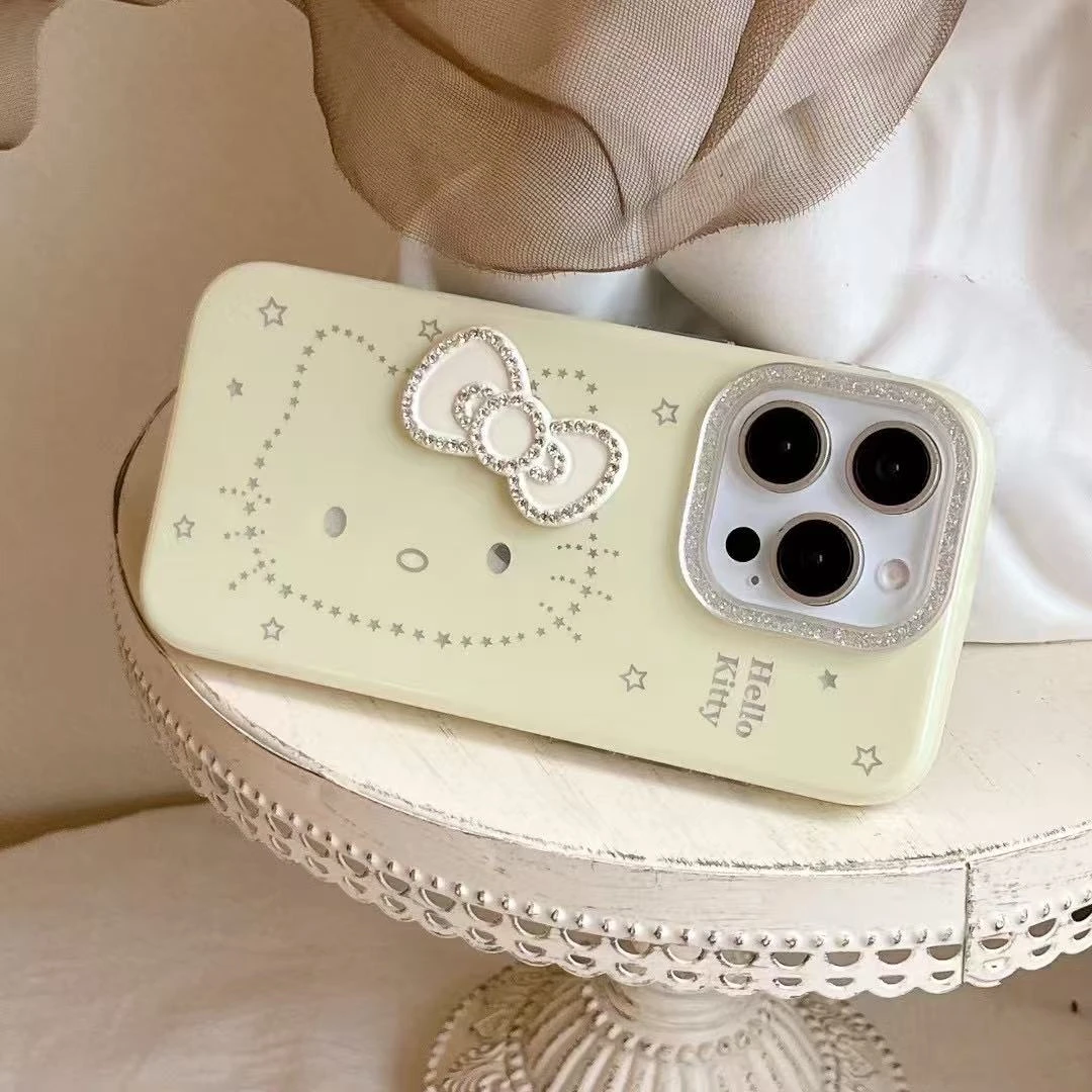 少女可爱水钻蝴蝶结奶黄kt猫手机壳适用苹果15Pro/iPhone16ProMax