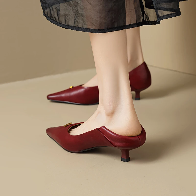 头层水洗牛皮尖头细跟时尚百搭真皮高跟鞋女性感气质浅口懒人单鞋