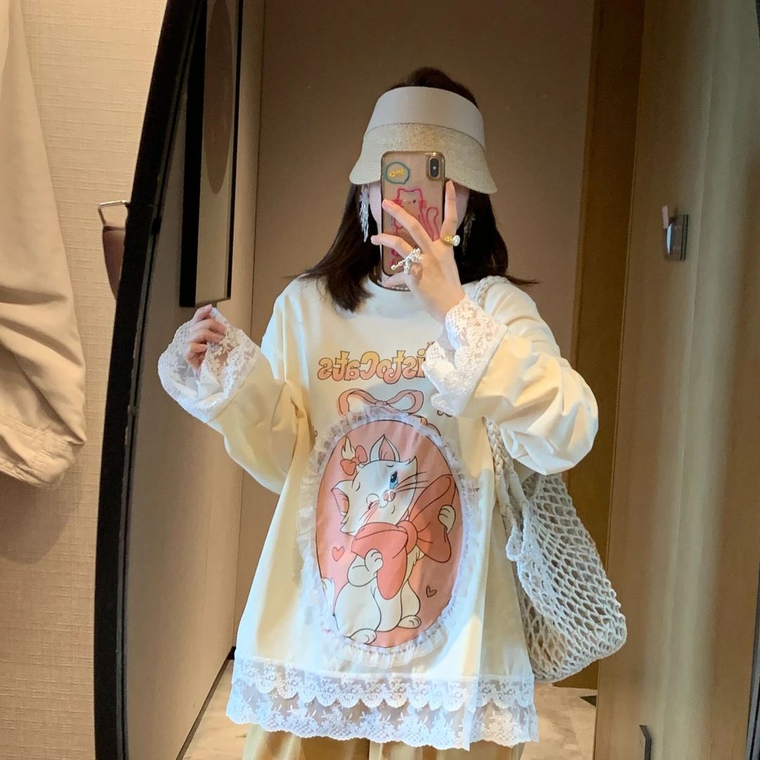长袖立体蕾丝圆领宽松长款千金风春夏T恤休闲梦幻风百搭卡通