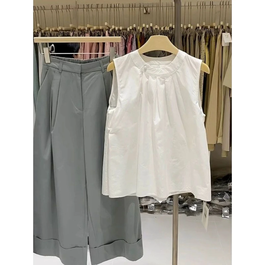 一眼相中的款！圆领压褶无袖背心衬衫2025夏季显瘦休闲裤百搭套装