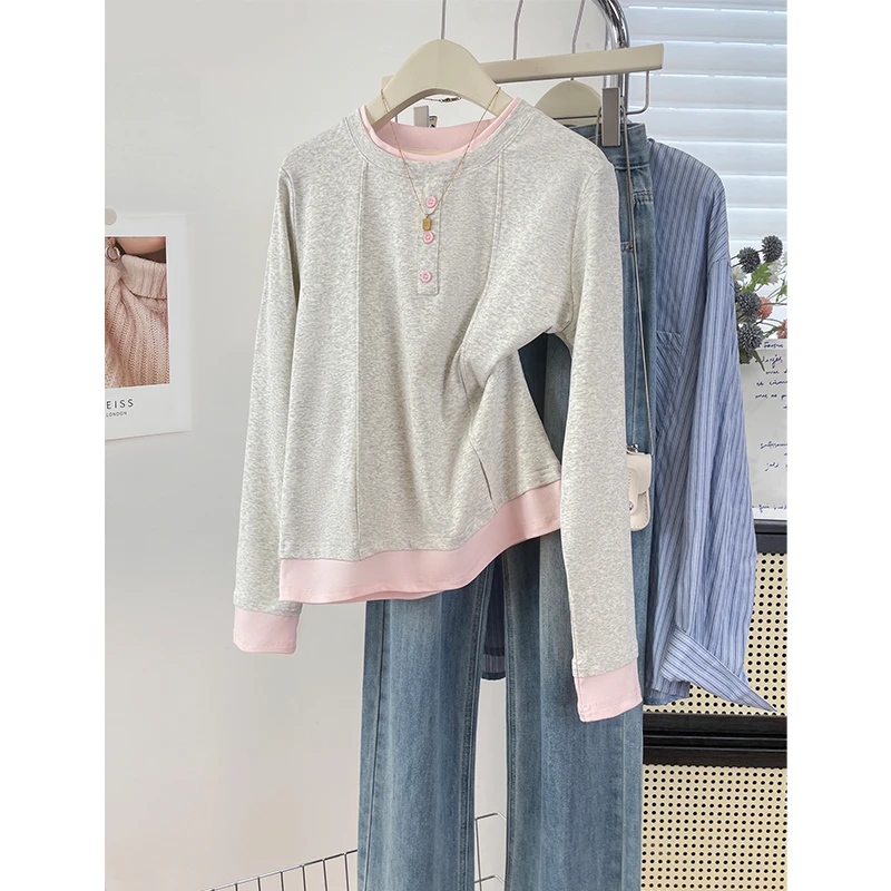 时尚撞色圆领拼接长袖T恤衫韩系ins风设计感小众显瘦女装上衣服秋