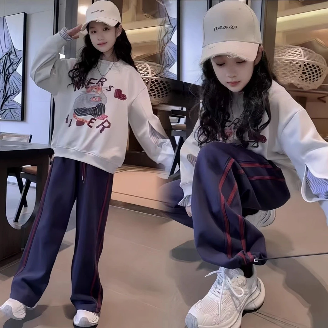 时尚女孩卡通猫咪假两件卫衣套装春秋新款洋气初中生休闲裤两件套