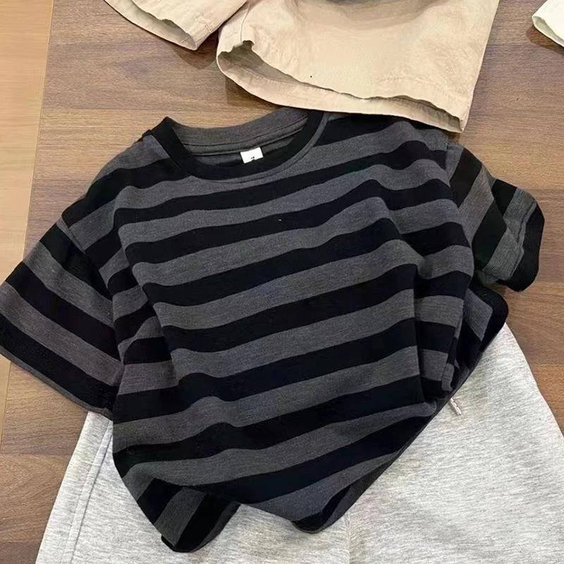 韩版纯棉条纹T恤童装男女童2025夏装短袖洋气中大童儿童夏季上衣