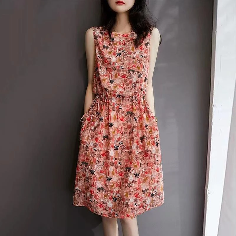 雪纺碎花连衣裙女2025夏季新款收腰显瘦妈妈时尚无袖气质中长裙子