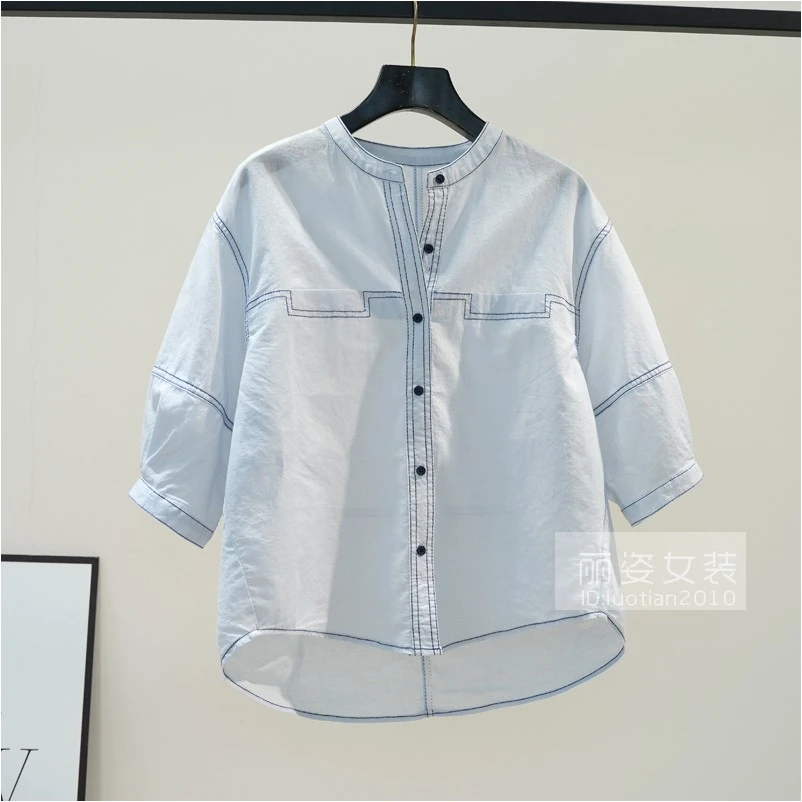 浅蓝色纯棉衬衫女2025夏复古风文艺范明线宽松休闲衬衣中袖上衣