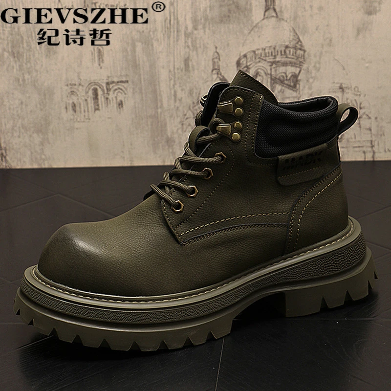 纪诗哲男鞋潮流英伦风百搭真皮马丁靴冬季新款厚底增高休闲工装靴
