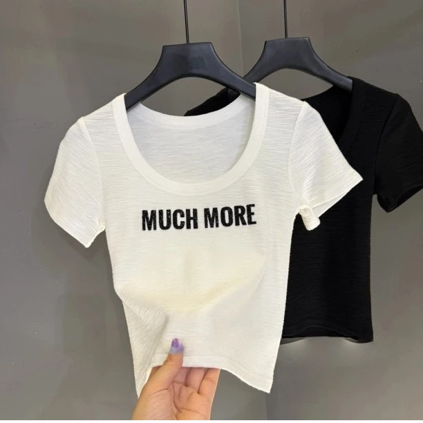 2025年U领烫钻短袖T恤女夏季新款肌理弹力显瘦短款上衣洋气衣服女