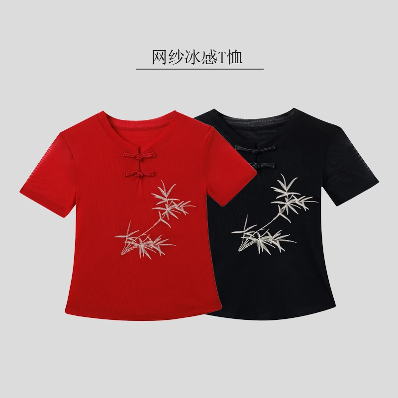 专推时尚爆款网纱冰凉t恤透气凉快盘扣立领国风短袖上衣广场舞