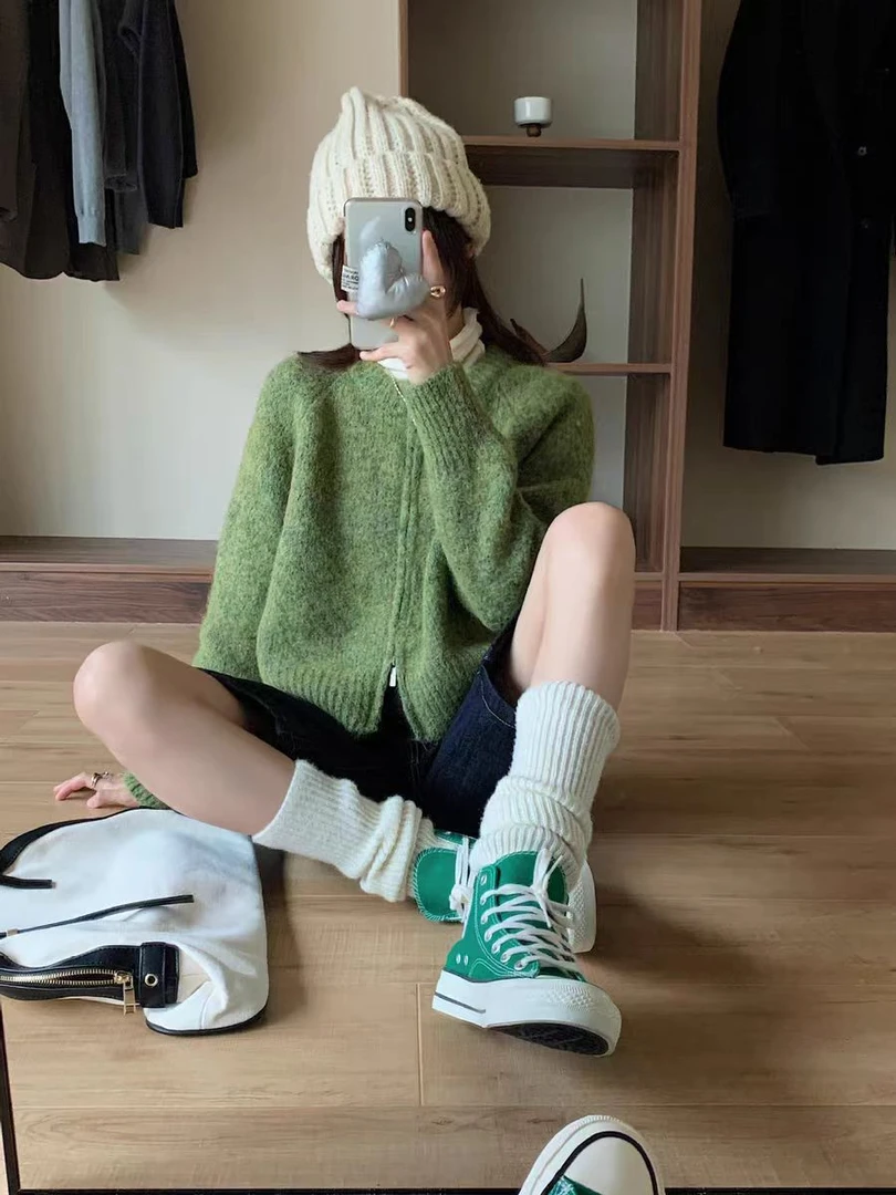 清新绿~软糯圆领毛衣外套女春秋外套双拉链慵懒针织开衫031