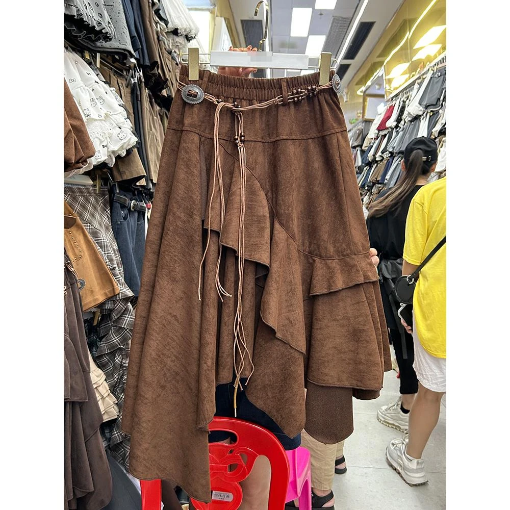 法式荷叶边不规则蓬蓬半身裙女春秋2025新款复古休闲百搭a字伞裙