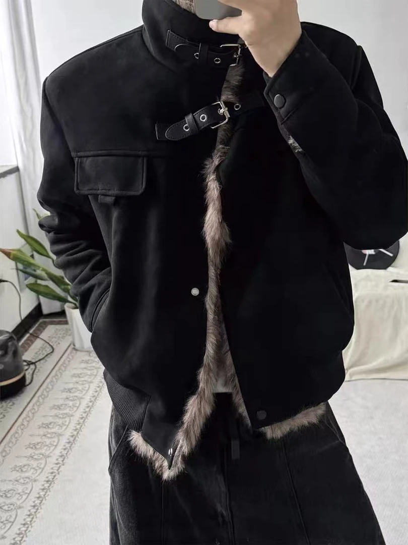 美式复古毛领拼接立领座山雕棉服男冬季加绒保暖小众百搭皮扣棉衣