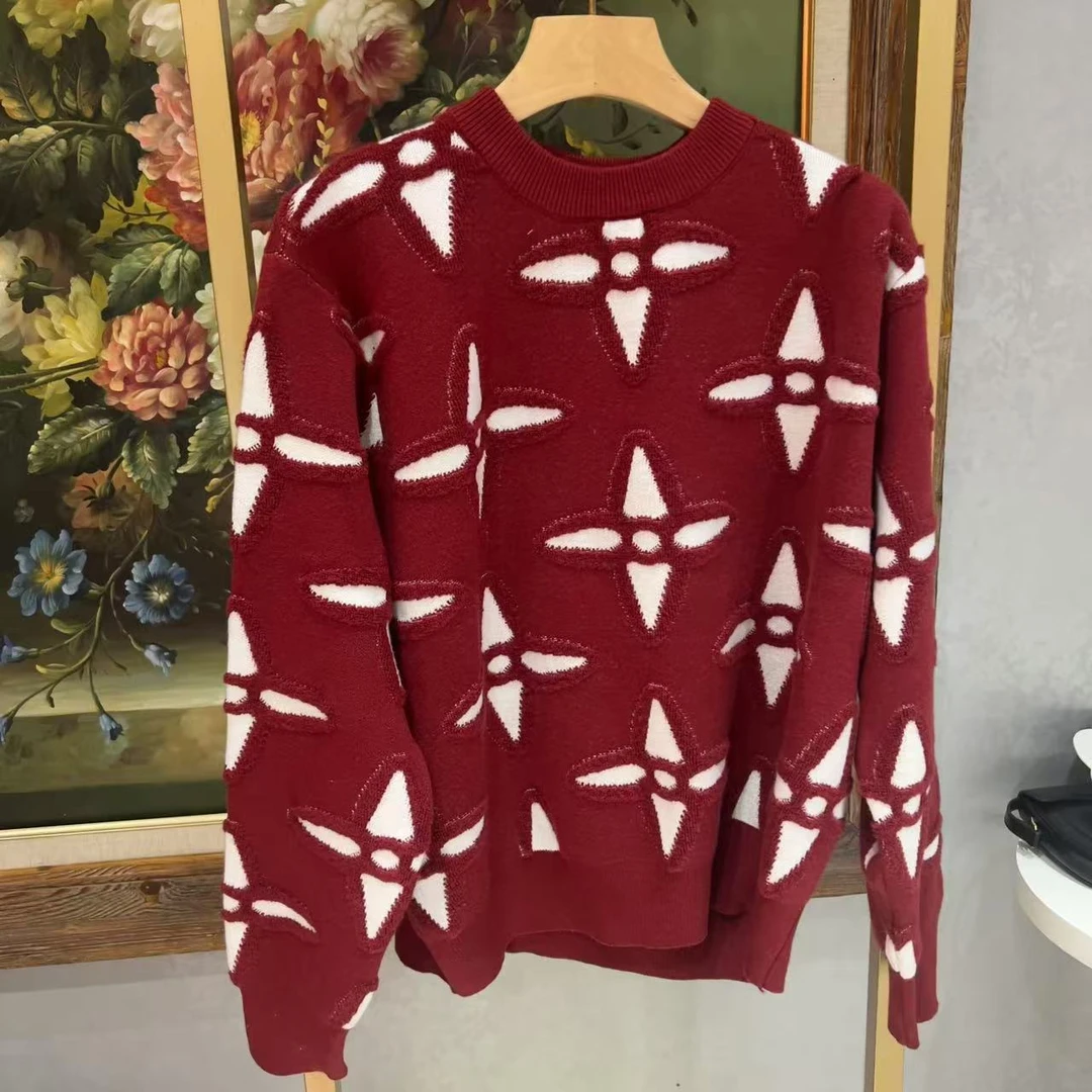 （猪猪霞）宽松小香风新年红提花针织毛衣