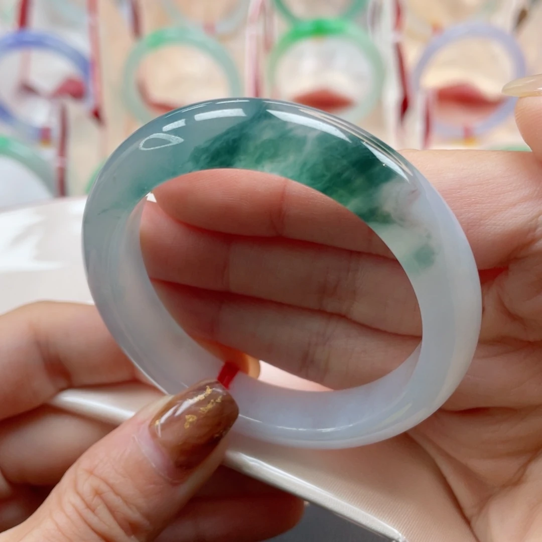 未镶嵌手镯翡翠51正圈 水墨丹青 局部泛光 小万战斗机8号