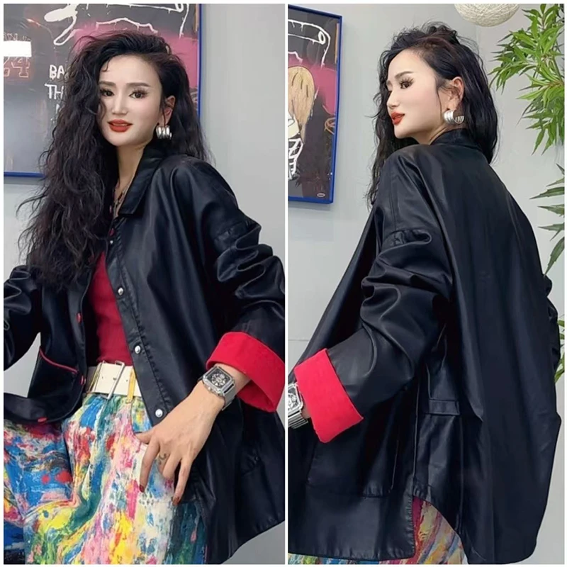 春秋小皮衣外套女2025新款美式复古休闲宽松机车皮夹克外套-303