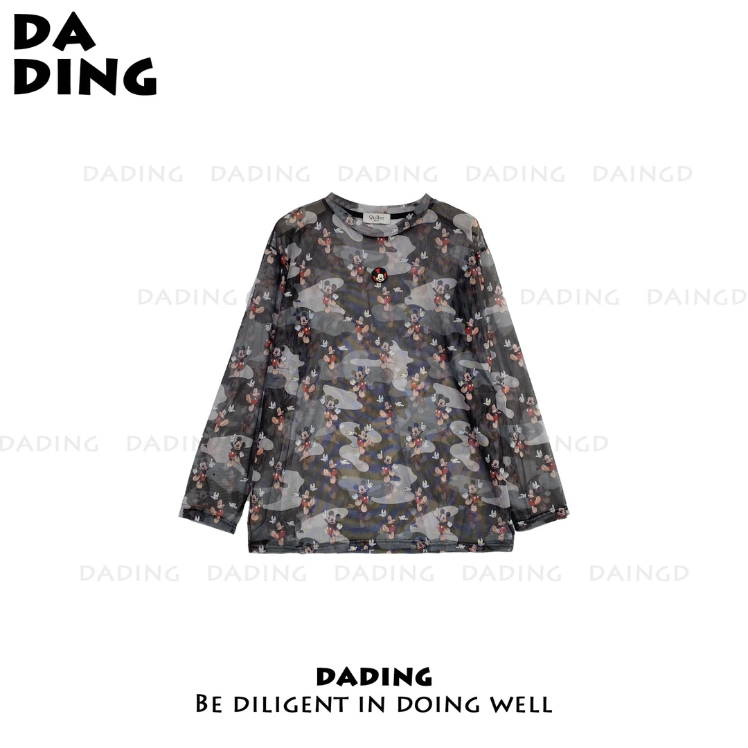 DADING 夏季新款迷彩风米奇网纱防晒薄款透气长袖T恤井3585A