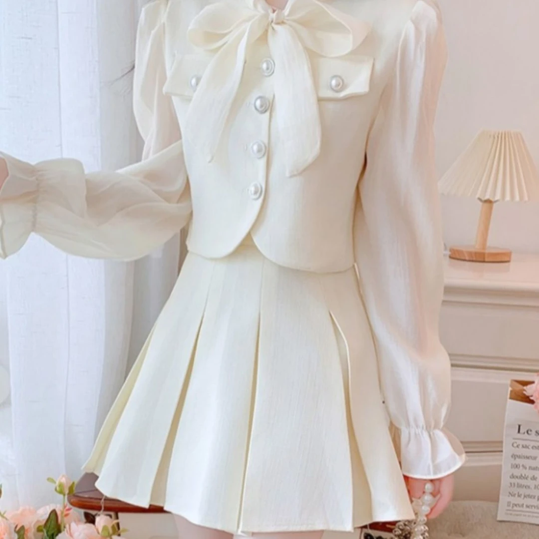 春秋季新款法式名媛高级感两件套装裙小香风蝴蝶结衬衣高腰短裙女