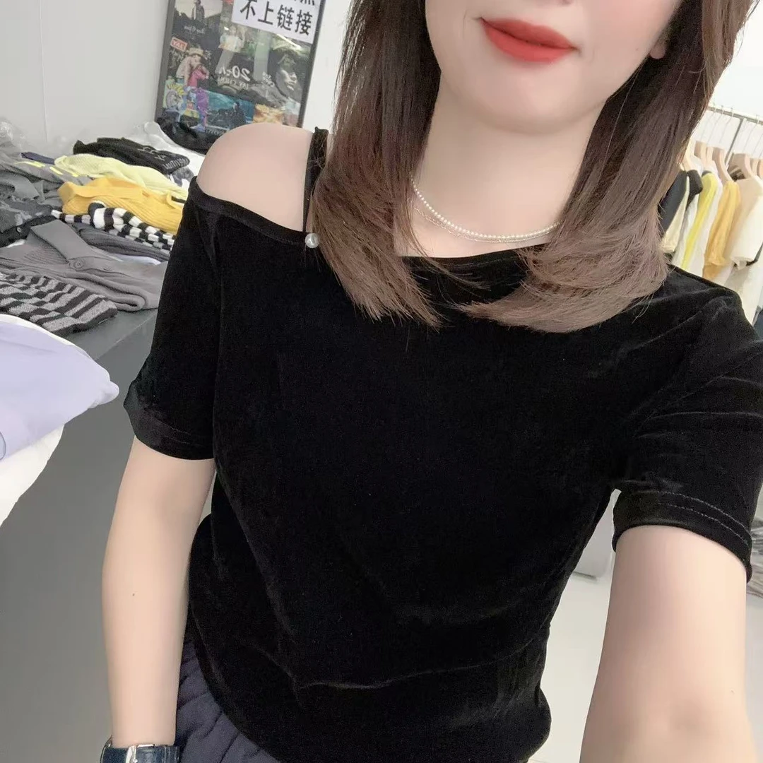 2025夏季斜肩领丝绒短袖T恤上衣显瘦气质洋气时尚百搭修身