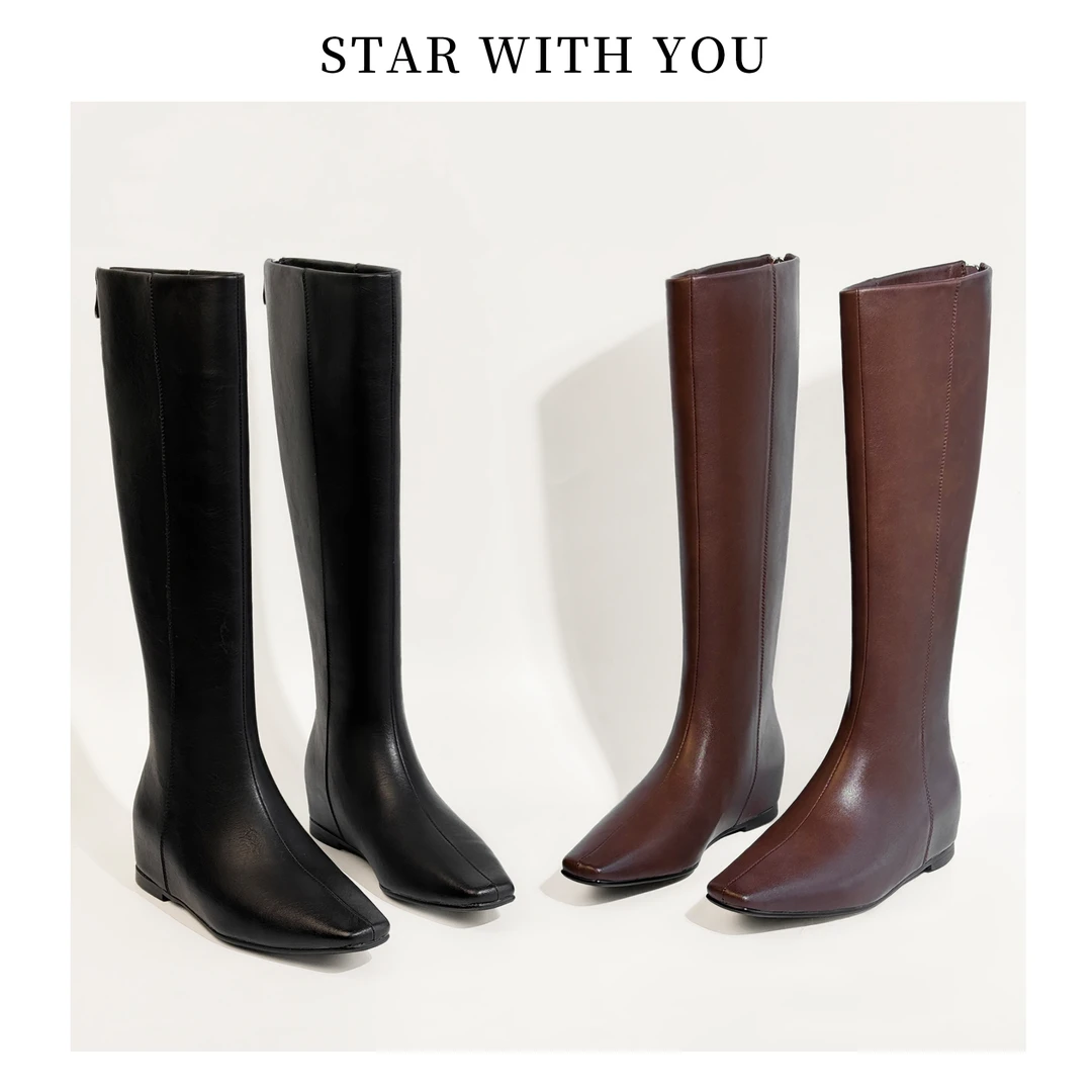 【STAR】简约百搭方头内增高牛皮直筒厚底坡跟内增高平口时装靴4cm