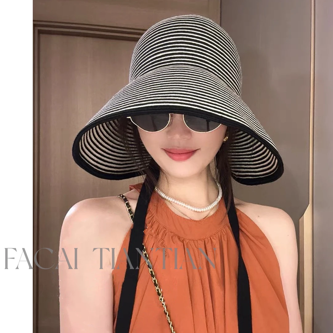 25春夏/超大灯罩草帽环绕女系带大檐透气帽子可扎马尾遮脸太阳帽
