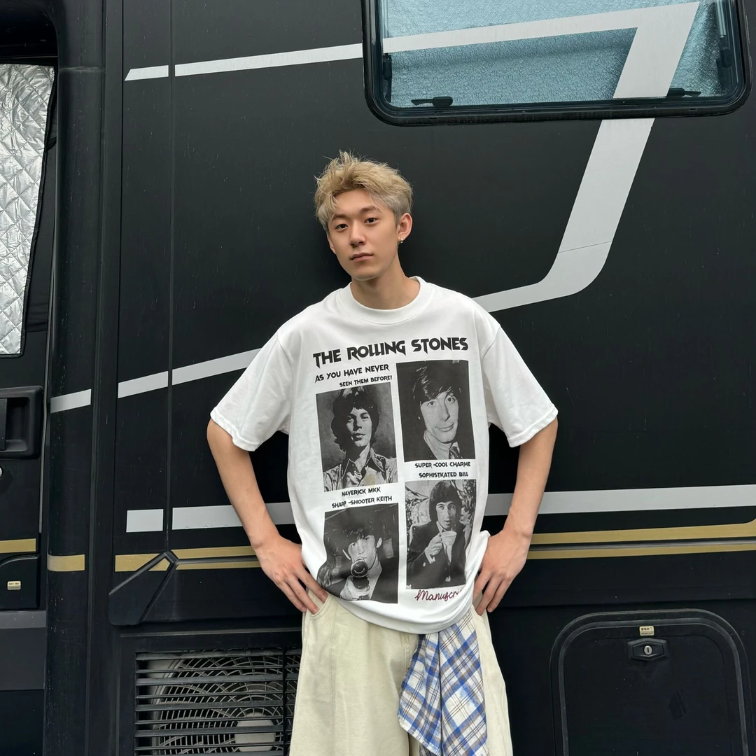 纯棉重磅小领口复古乐队人像印花短袖T恤男夏季宽松小众设计感