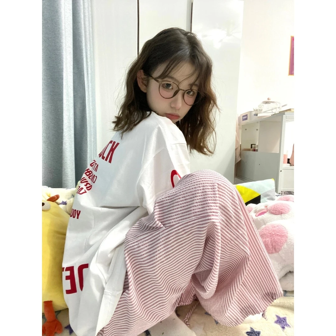 韩版少女简约字母印花T恤短袖睡衣女夏季网红风新款家居长裤套装
