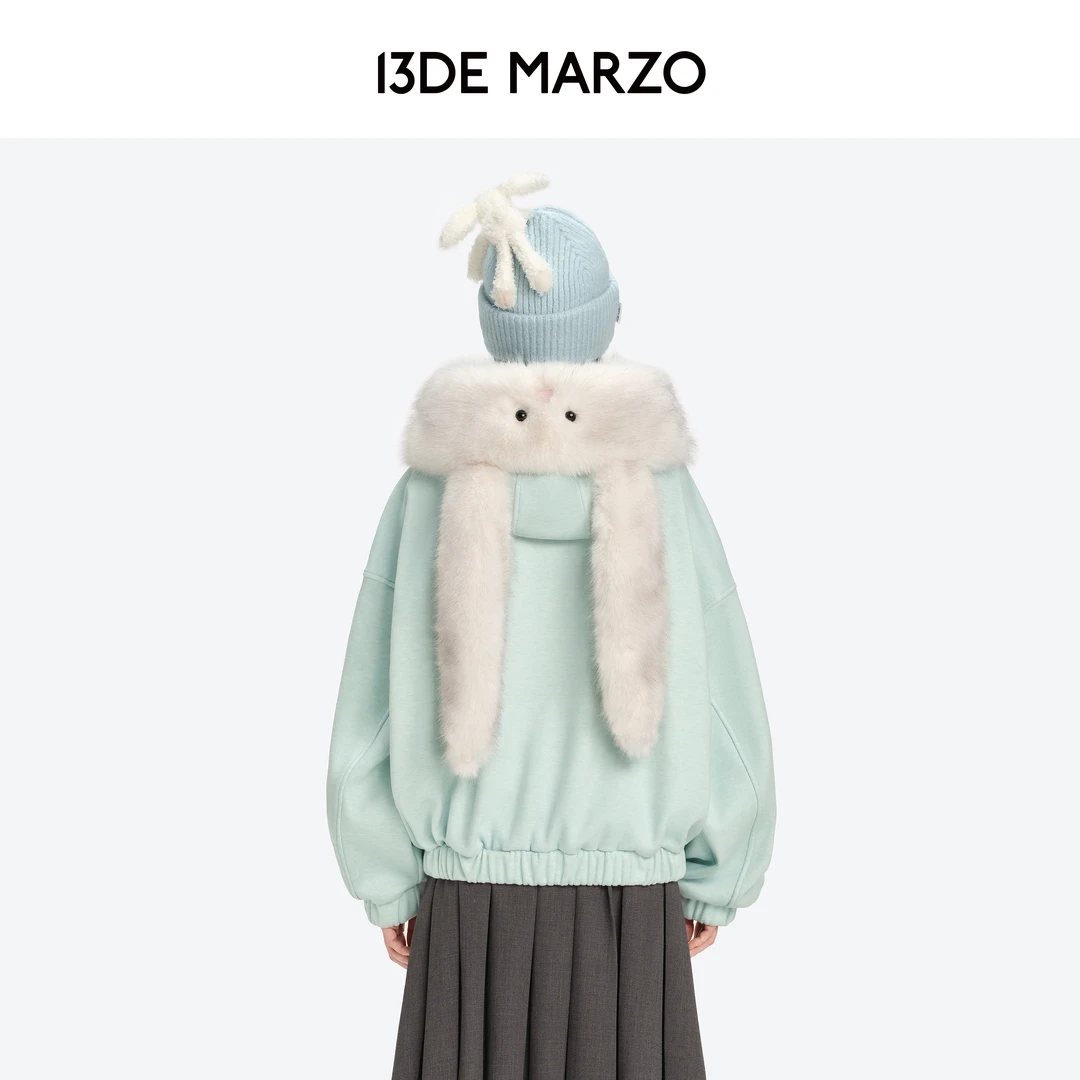 13DE MARZO男女同款2025玩偶可拆卸毛领拉链外套连帽上衣专柜同款