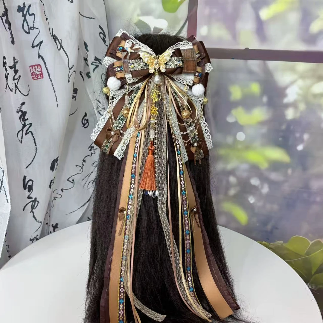 《枯叶蝶》新中式古风搭配汉服洛丽塔美拉德秋冬长飘带头饰发夹