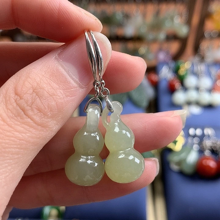 和田玉银S925镶嵌耳饰葫芦21.6左右晴水